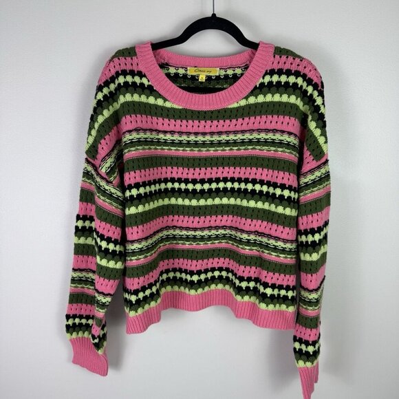 Circus NY Sam Edelman Stripe Knit Sweater XL Pink Green Black Cotton Blend Retro - Picture 8 of 9